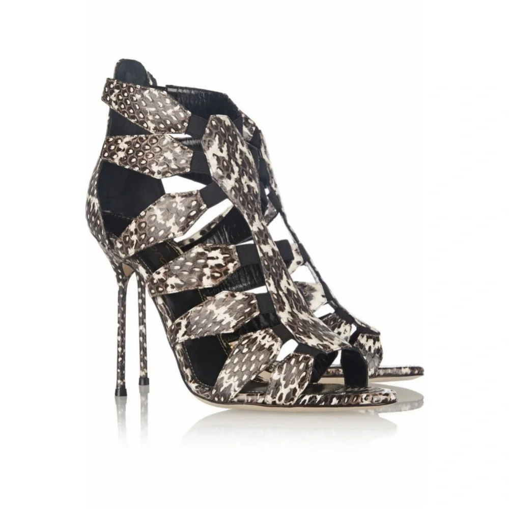 NWOT Sergio Rossi ‘Meccano Elaphe’ Cutout Heeled Sandals in Cream & Gray Snake 5